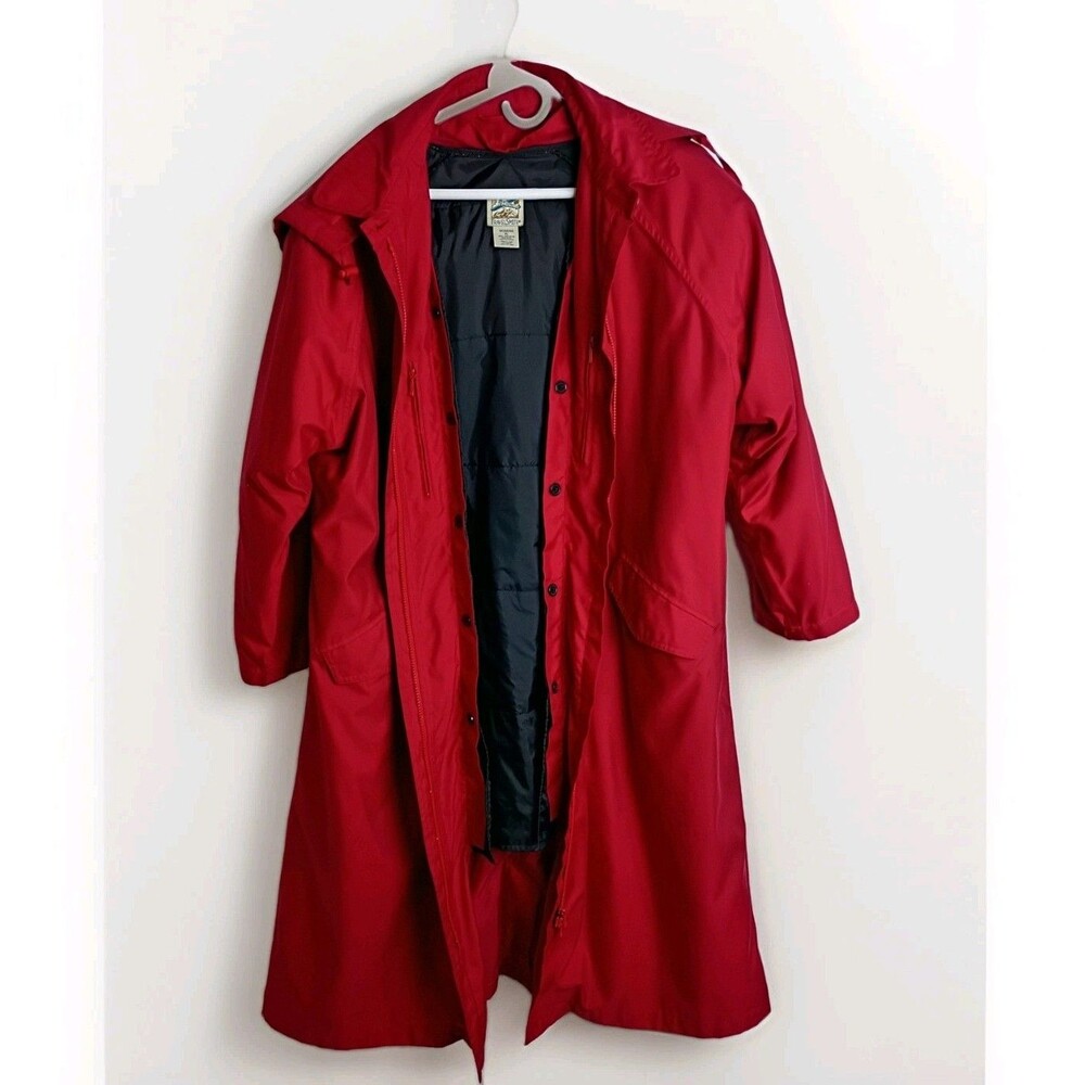 TravelSmith Women's Red Long Trench Coat Size XL Full Zip Removable Liner Hood